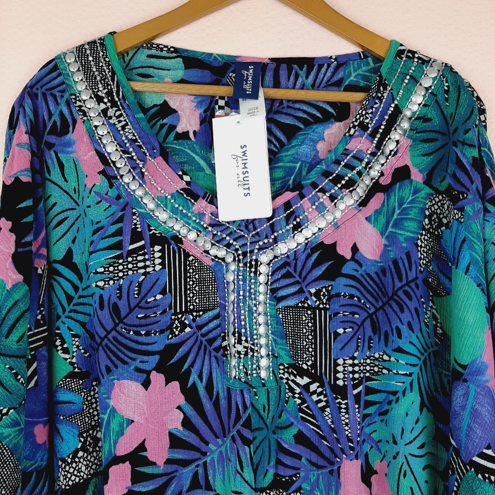 Jeweled Caftan Beach Cover Up Tropical Flora… - Picture 5 of 12